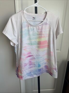 Fila White Short Sleeve Tee with Pastel Rainbow Wave Print